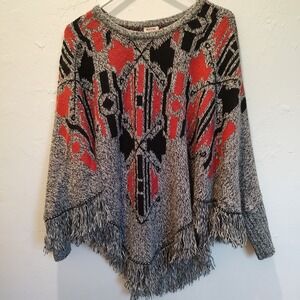 Mossimo Boho Fringe Shawl Soft Lightweight Sz Small Medium Gray Black Red Cuffed